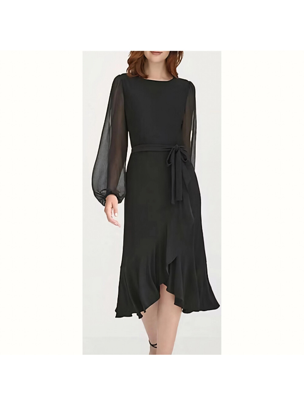 Black Chiffon Bishop Sleeve Asymmetrical Tie Midi Dress Sz 14 Goth Dark Coquette